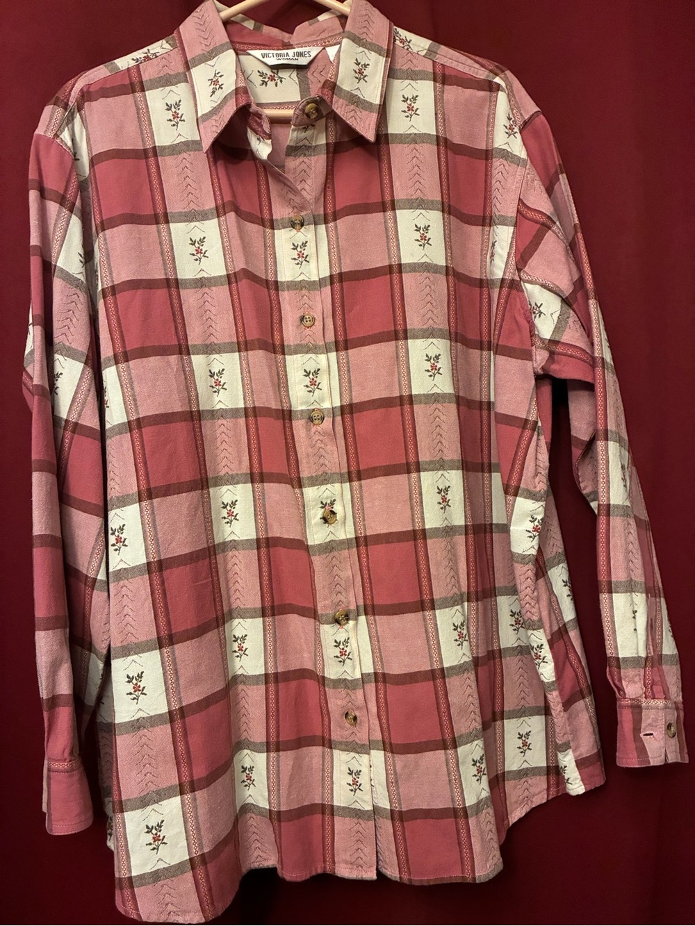 Victoria Jones Woman Pink and Cream Plaid Button-Down Shirt 2x Made in India